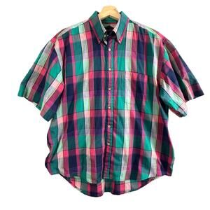 Vintage Halifax Short Sleeve Button Down Madras Plaid Shirt Mens L Large 90s Y2K